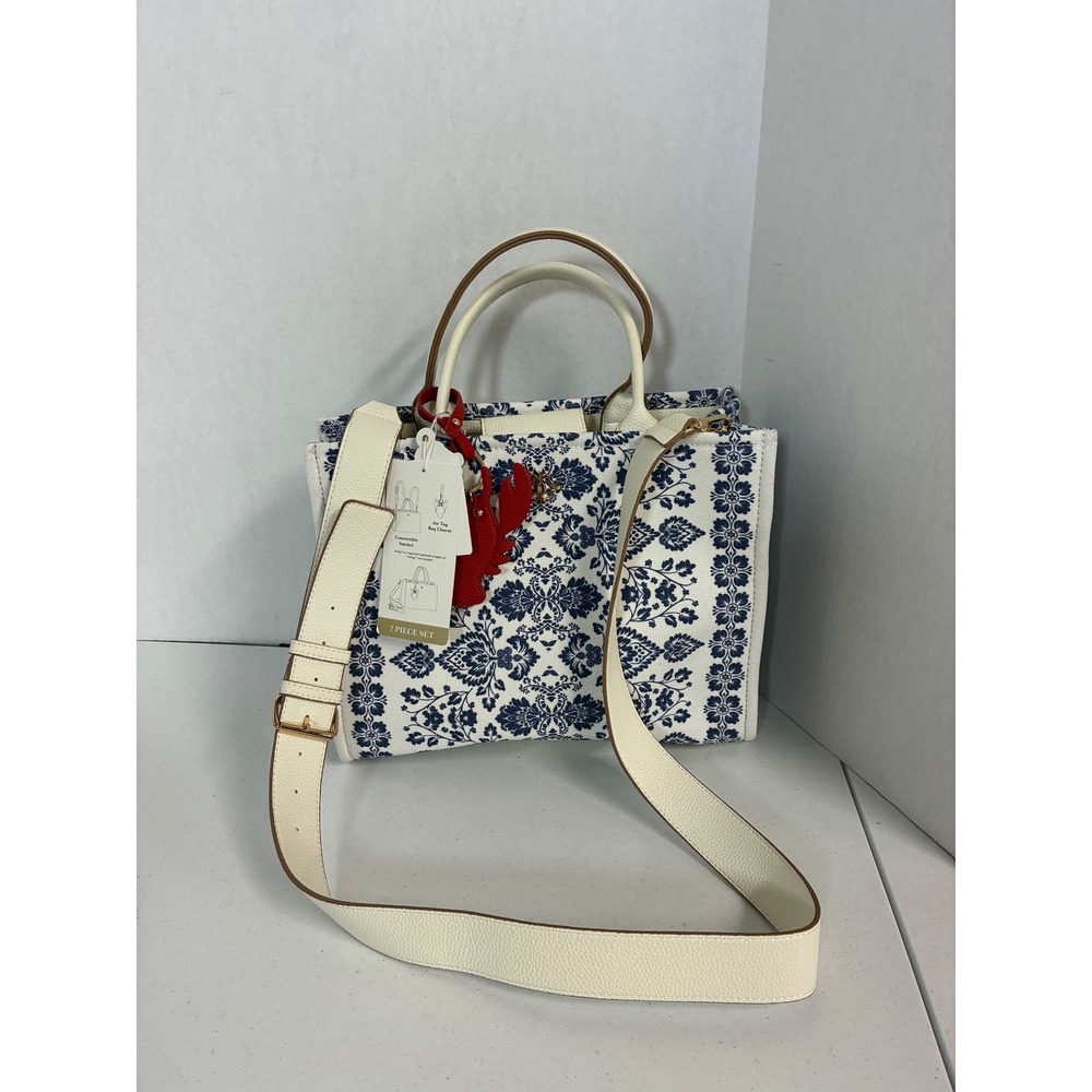 Nanette Lepore Blue White Damask Canvas Satchel Tote Bag with Lobster Charm NEW